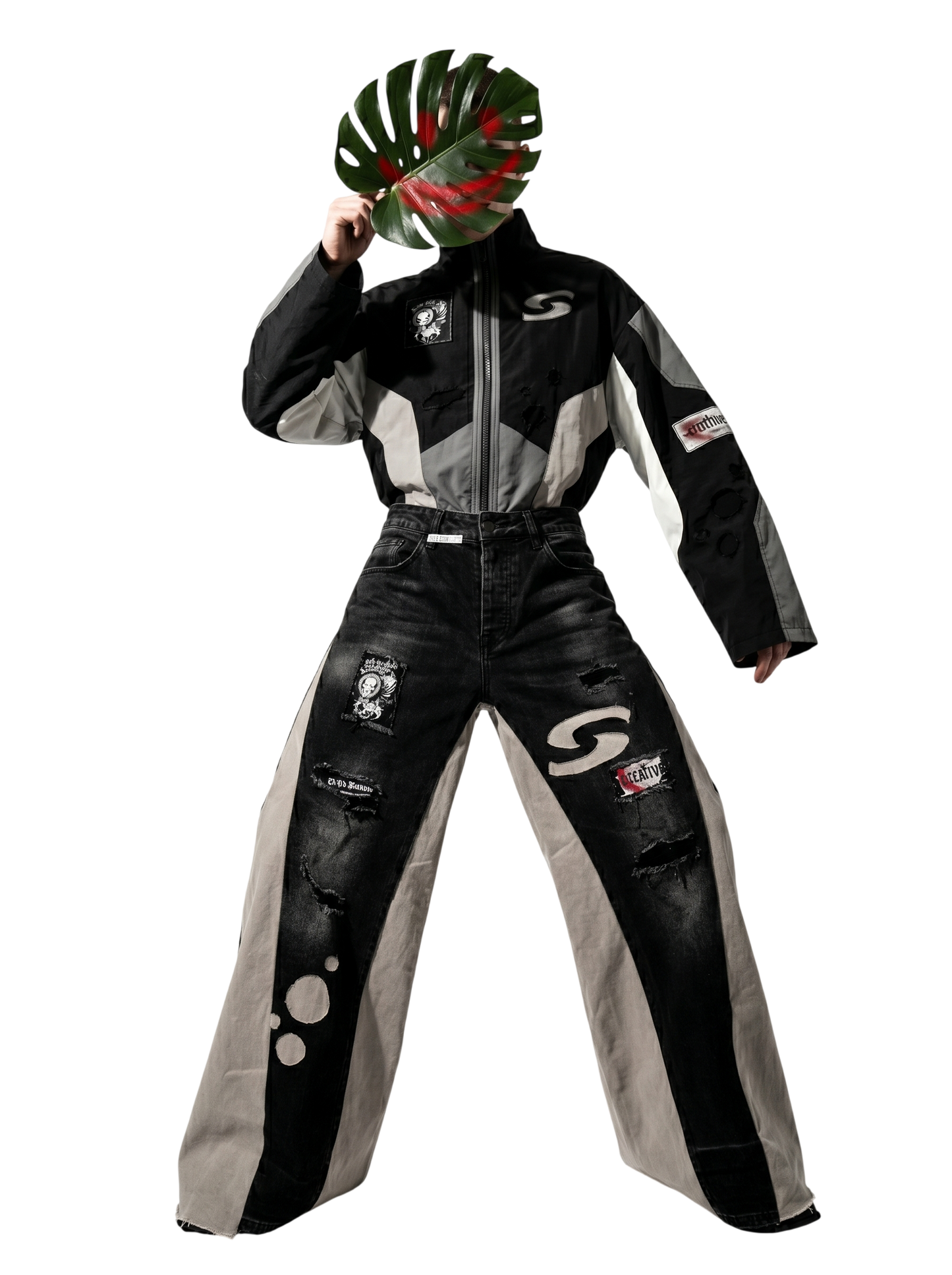 Black and gray racing suit with logos on a white background