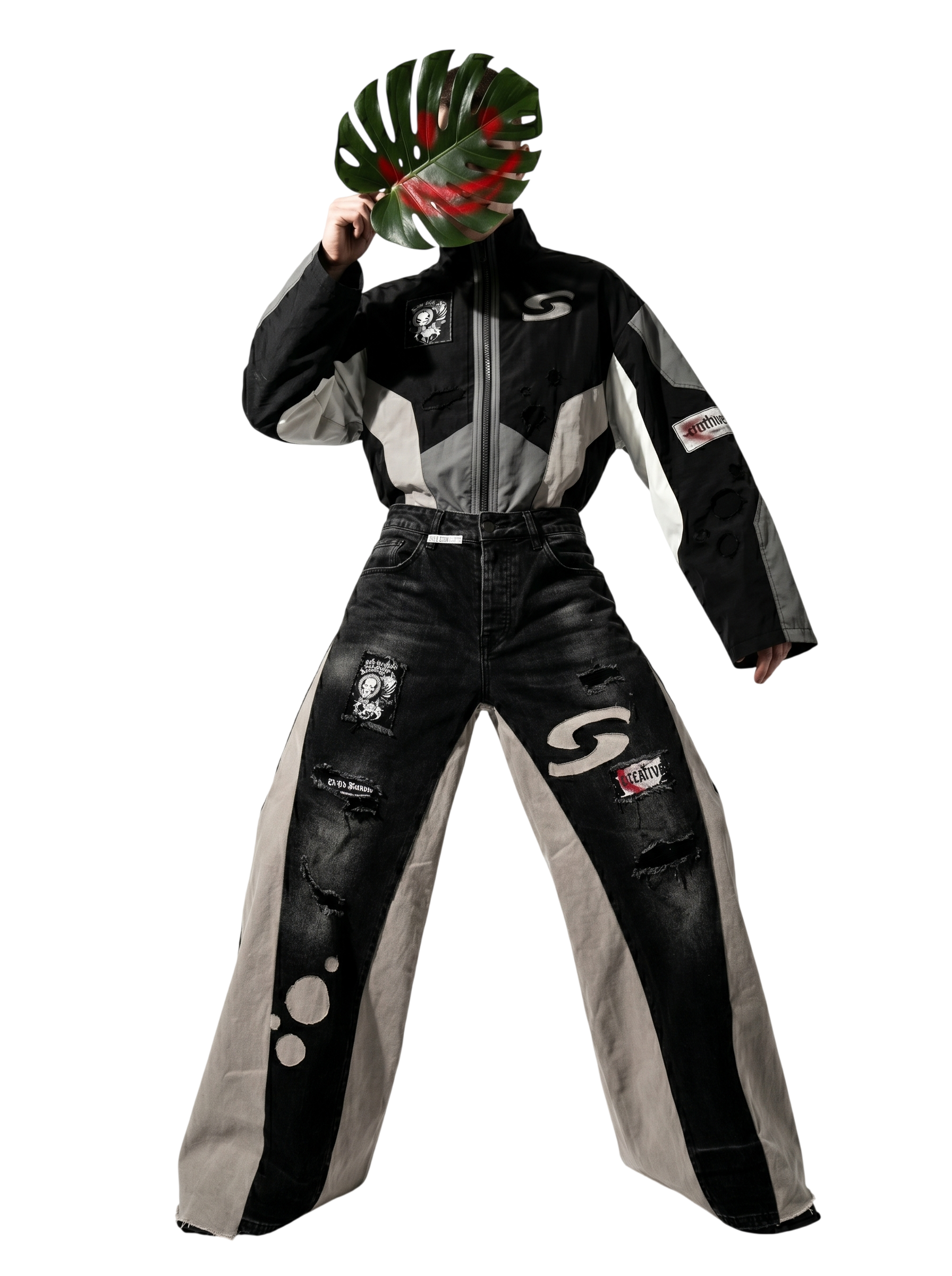 Black and gray racing suit with logos on a white background